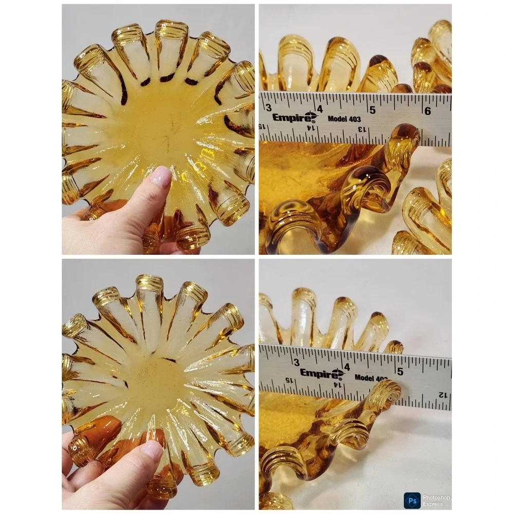 Vintage‎ Amber Art Glass Ruffled Finger Bowl Set 3 Mid Century Modern Honey Gold
